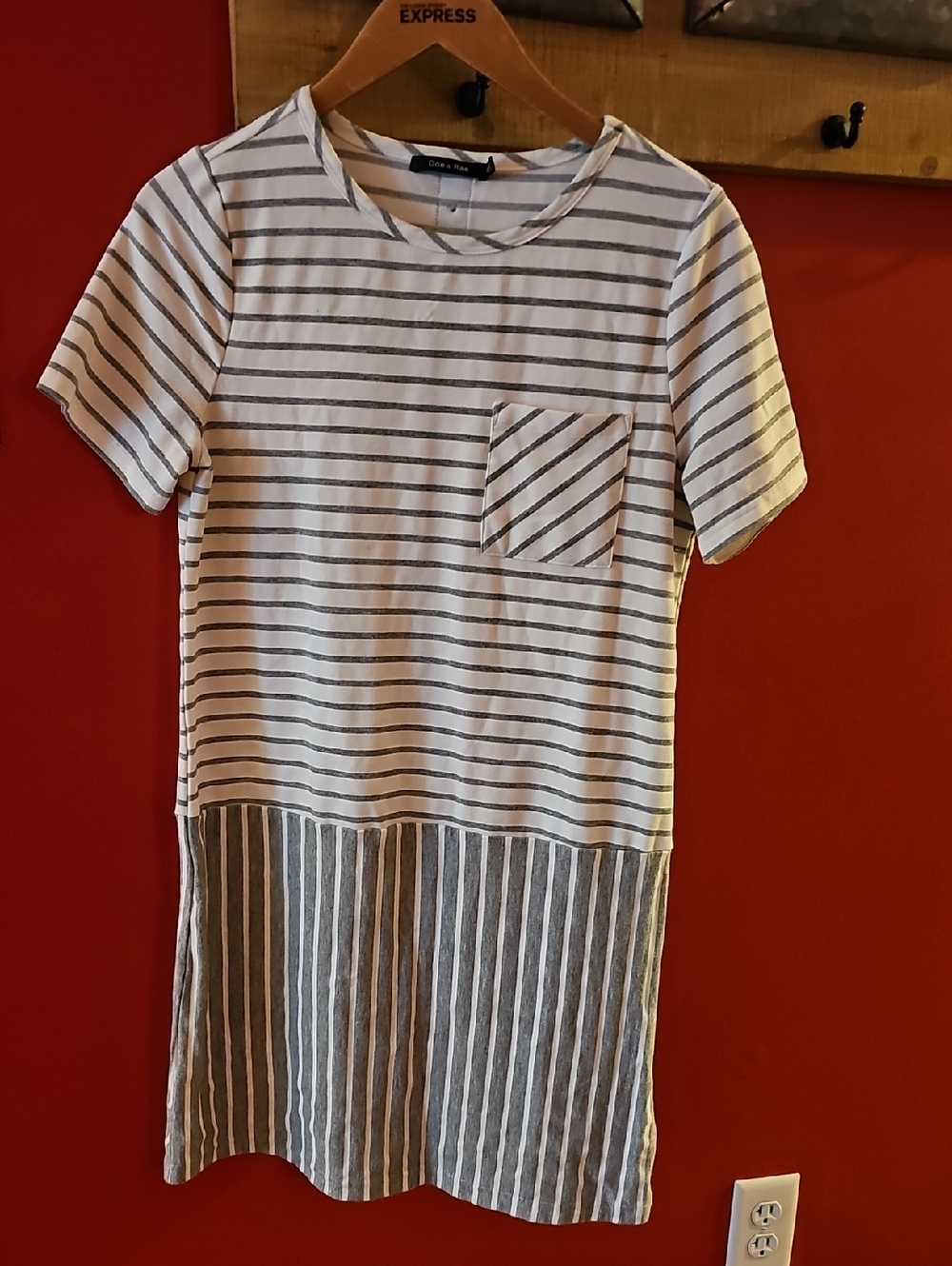 Doe & Rae White and Gray Striped Midi Dress